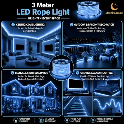 Image of MoonlitDreams 3 Meter LED Rope Light for Decoration - Waterproof Ice Blue SMD Cove Light for Ceiling, Home Decor, LED Pipe Light for Diwali, Festival, Indoor, Outdoor Use
