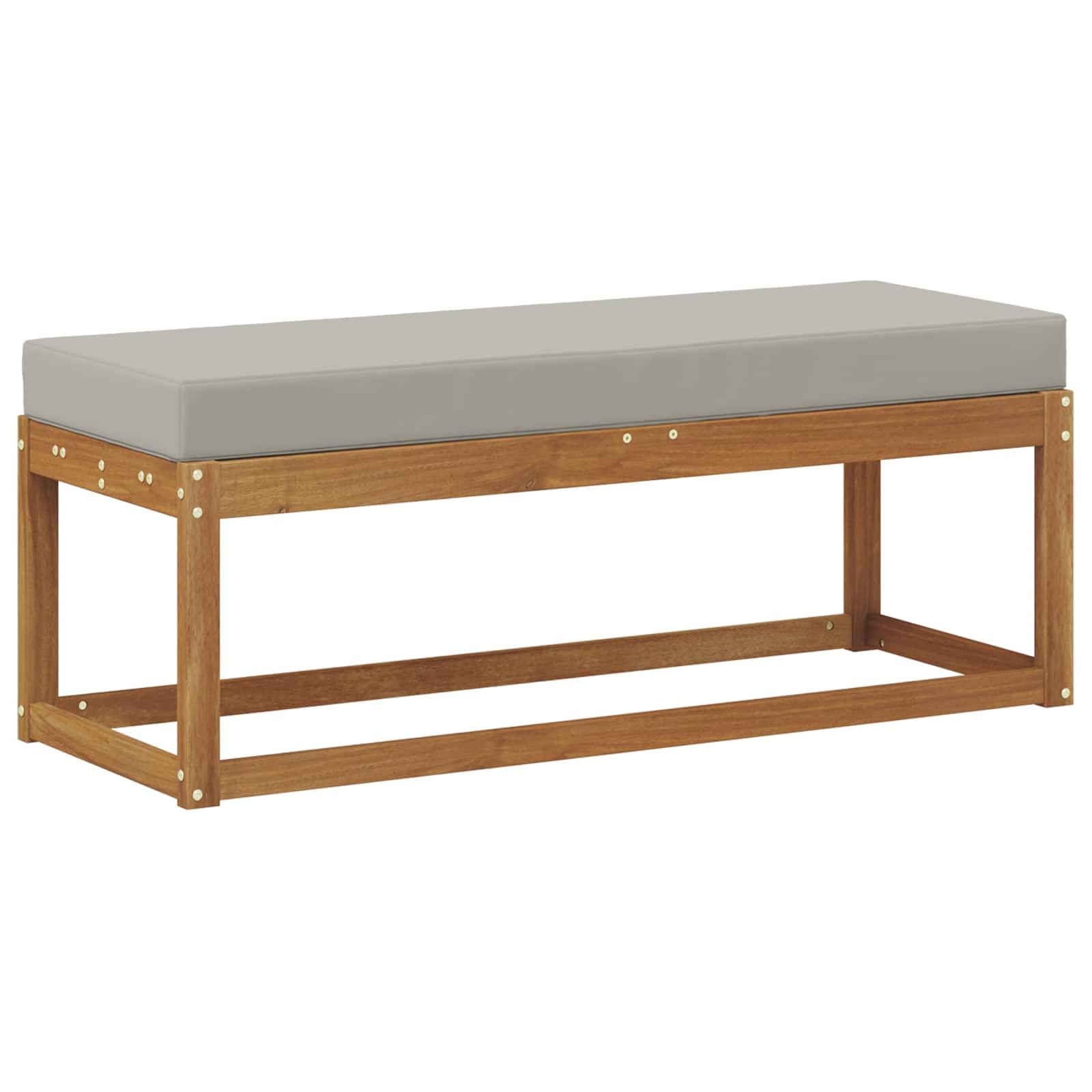 Taboret ławka z poduszką z litego drewna akacjowego, kolor naturalny, jasnoszary, 115 x 43 x 37 cm, odporna na warunki atmosferyczne, modułowa, na taras, balkon, do wypoczynku na świeżym