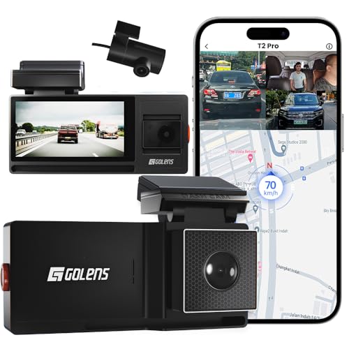 Image of Golens T2Pro 3 Channel 4K Dash Cam for Car with WiFi & GPS | 8MP Front + 1080P Inside & Rear | Sony STARVIS Night Vision | 170 Wide Angle | Parking Monitor, G-Sensor, Loop Recording | Supports 256GB