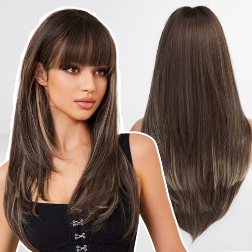 WOKESTAR Brown Wigs for Women Layered Straight Long Wig with Fringe, Brown Mixed Blonde, 25 inch