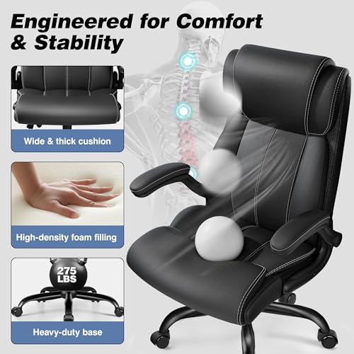 Ergonomic Office Chair - Desk Computer Chair, Leather High Back Executive Chairs with Adjustable Lumbar Support & Flip Up Arms, Rocking, Black - Image 6