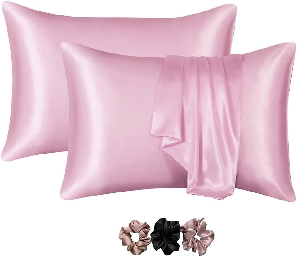GO WELL Satin Pillowcase for Hair and Skin, Silk Satin Pillowcase 2 Pack, Queen Size Pillow Cases Set of 2, Silky Pillow Cover with Envelope Closure (18x28, Pink)