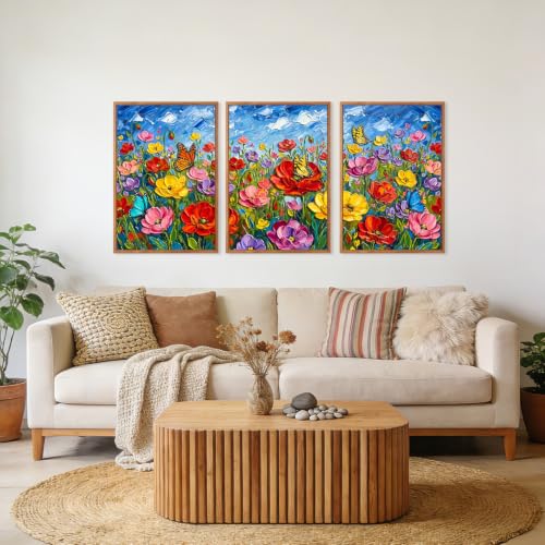 Image of CHDITB 3D Textured Poppy Floral Wall Art,Butterfly Wildflower Country Decor