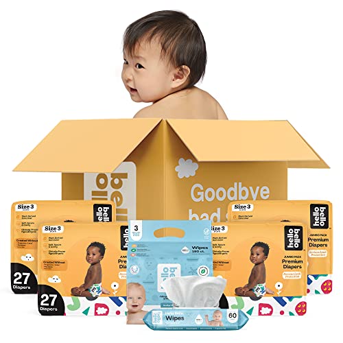 Hello Bello Diapers and Wipes Bundle for Babies | Size 3 | Gender Neutral Alphabet Soup Pattern, 108 Count (4 Packs of 27) | Wipes, Unscented, 180 Count (3 Packs of 60) | 288 Count