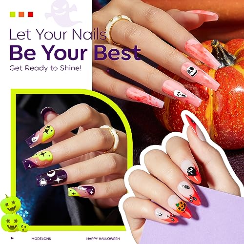 Image of Modelones Gel Nail Polish Set 6 Colors Halloween Glow in the Dark Neon Green Orange Purple Red Black Gel Polish Set Soak Off LED Nail Art Kit Gift with Nail Stikers