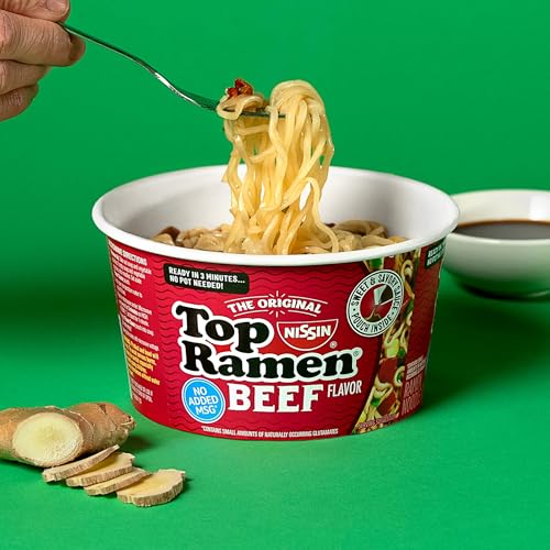 Image of Nissin Top Ramen Bowl Ramen Noodle Soup, Beef, 3.28 Ounce (Pack of 6) | Quick, convenient meal ready in minutes with just hot water.