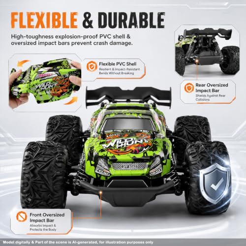 Image of RC Cars Monster Remote Control Car 2.4GHz 2WD Off-Road Power Dragon RC Truck 20 KM /H All-Terrain RC Monster Truck, 2 Batteries for 40mins Car Toys Gift for Beginner (Green
