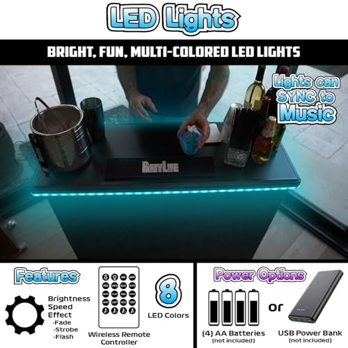 Image of PartyLife NEW & Improved Portable Bar Table w /LED Lights, Folding Steel Legs, 2 Bar Skirts, Supportive Storage Shelf & Carrying Case - Black