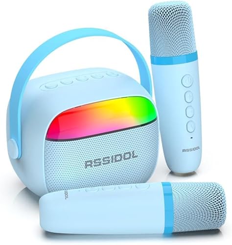 Máquina de karaoke para niños con 2 micrófonos inalámbricos, mini altavoz Bluetooth RGB portátil, juguetes de regalo de cumpleaños para niños de 3,