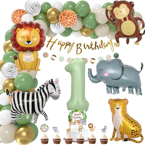 Deko 1. Geburtstag Junge Mädchen Geburtstagsdeko 1 jahr Grüne Dschungel Erster Geburtstags Deko Waldtiere Safari Tiere Folienballon für Kindergeburtstag Wild One Geburtstag Deco