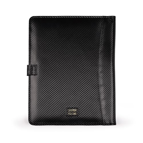 LEATHER VILLAGE Portfolio Professional Organizer– Carbon Fiber Genuine Leather Padfolio Resume Folder for A4 Letter Pad with Pen Holder, Business Card Slots – Ideal for Men & Women- Black Orange by LEATHER VILLAGE - Image 5