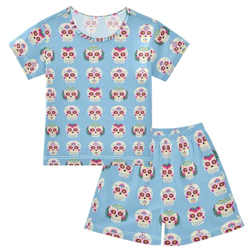 CHIFIGNO Sugar Skulls Light Blue Unisex Snug-Fit Short Sleeve Soft Pajama Sets with Pocket 5Y