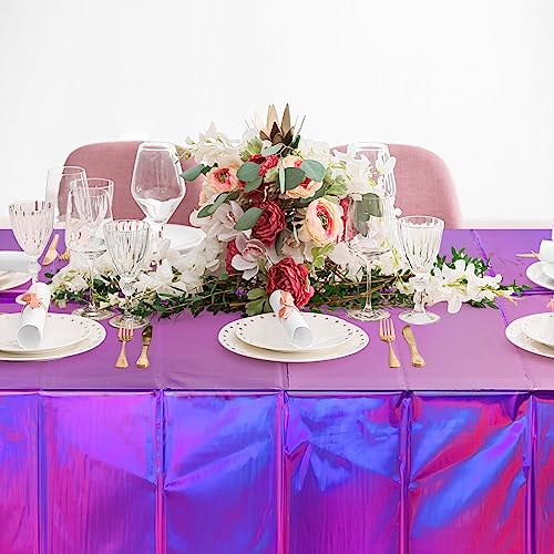 Image of FunnyPars 1 Pack Iridescent Purple Plastic Tablecloths, Shiny Disposable Laser Rectangle Table Covers, Foil Tablecloth Iridescent Party Decorations for Kpop Birthday Bridal Wedding Decor, 54x108 Inch