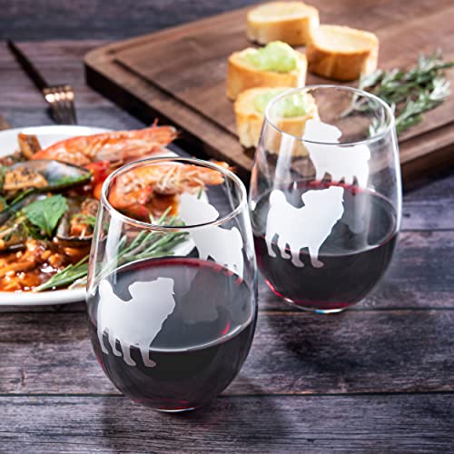 The Wine Savant Set of 2 Pug Dog Stemless Wine Glasses Good Doggy Puppy & Doggy Lover for Him & Her - Dogs Silhouette - Glass Gifts Etched Tumblers for Anniversary, Wedding, Home Bar Gifts
