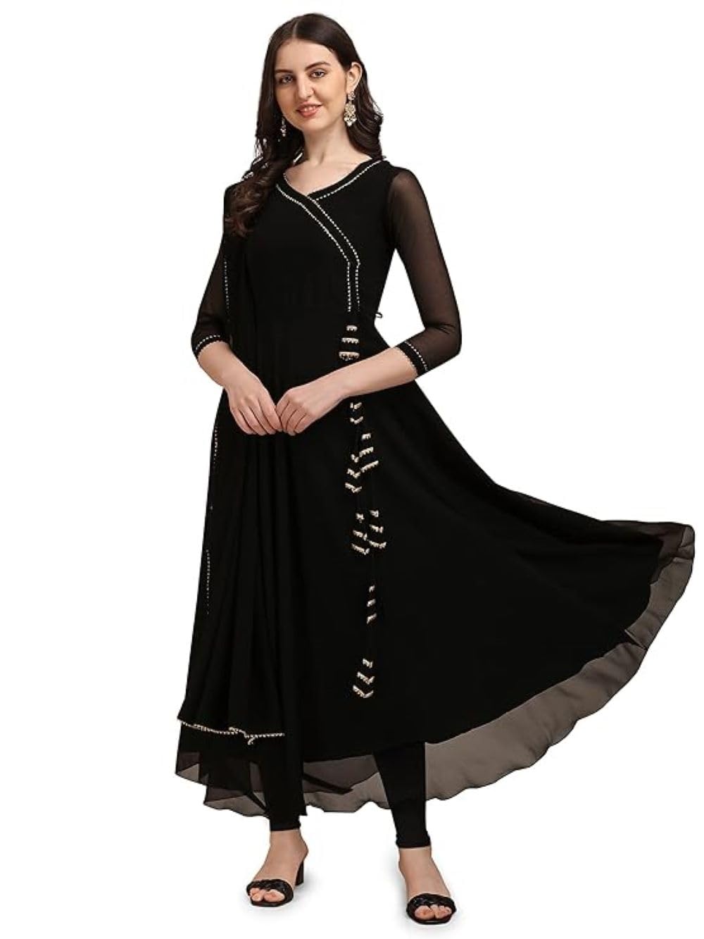 Estationeryhouse Women's Black Georgette Anarkali Kurta Kurti With Dupatta (Bottoms Not Included) (Xxl, )