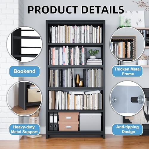 Image of 5 Tier Metal Bookshelf, 69 inch Tall Heavy Duty Bookcase, Black Bookcase with Wide Display Shelves, Industrial Bookshelf for Living Room, Bedroom, Home Office
