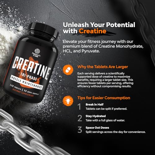 Image of Natures Craft High Strength Tri Phase Creatine Tablets for Women & Men - Formula Blend of Creatine Monohydrate, 300mg HCL & Pyruvate Supplement - Muscle Mass Gain & Recovery Supplement - 120 Count