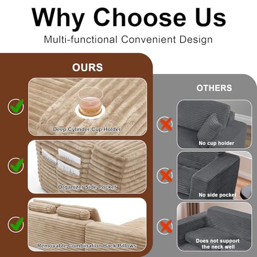 Image of Cloud Sectional Couch with L-Shape Chaise, Modern Modular Sofa with Deep Seat, Built-in Cup Holder & Storage Pocket for Living Room Bedroom, No Assembly Required (Camel, Right Facing Chaise)