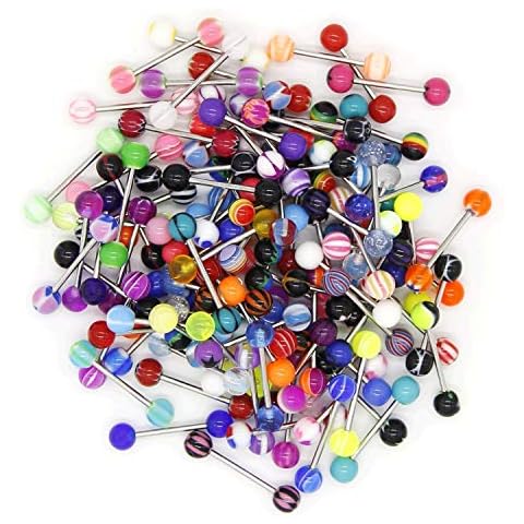 CrazyPiercing 110Pcs Wholesale 14g Tongue Ring Barbells Stainless Steel Bar Tongue Rings Assorted Colors for Women Man Cover