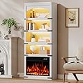 BREEZEHEAT 70” Arched Bookcase with 23'' Fireplace Insert and LED Light, Modern Tall Storage Pantry Cabinet, Open Display Bookshelf for Living Room & Home Office, White