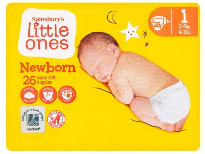 Sainsbury's Little Ones Newborn Super Soft Nappies Size 1, 2kg-5kg 4-11lb x26 - (Pack of 6)