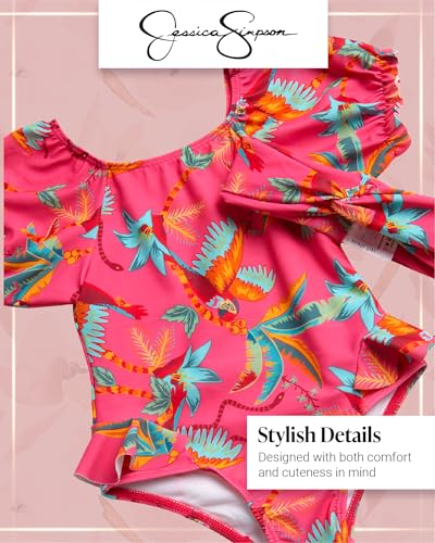 Jessica Simpson Baby Girls Swimsuit - Short Sleeve One Piece Bathing Suit for Toddlers with Matching Headband (12M-4T)3