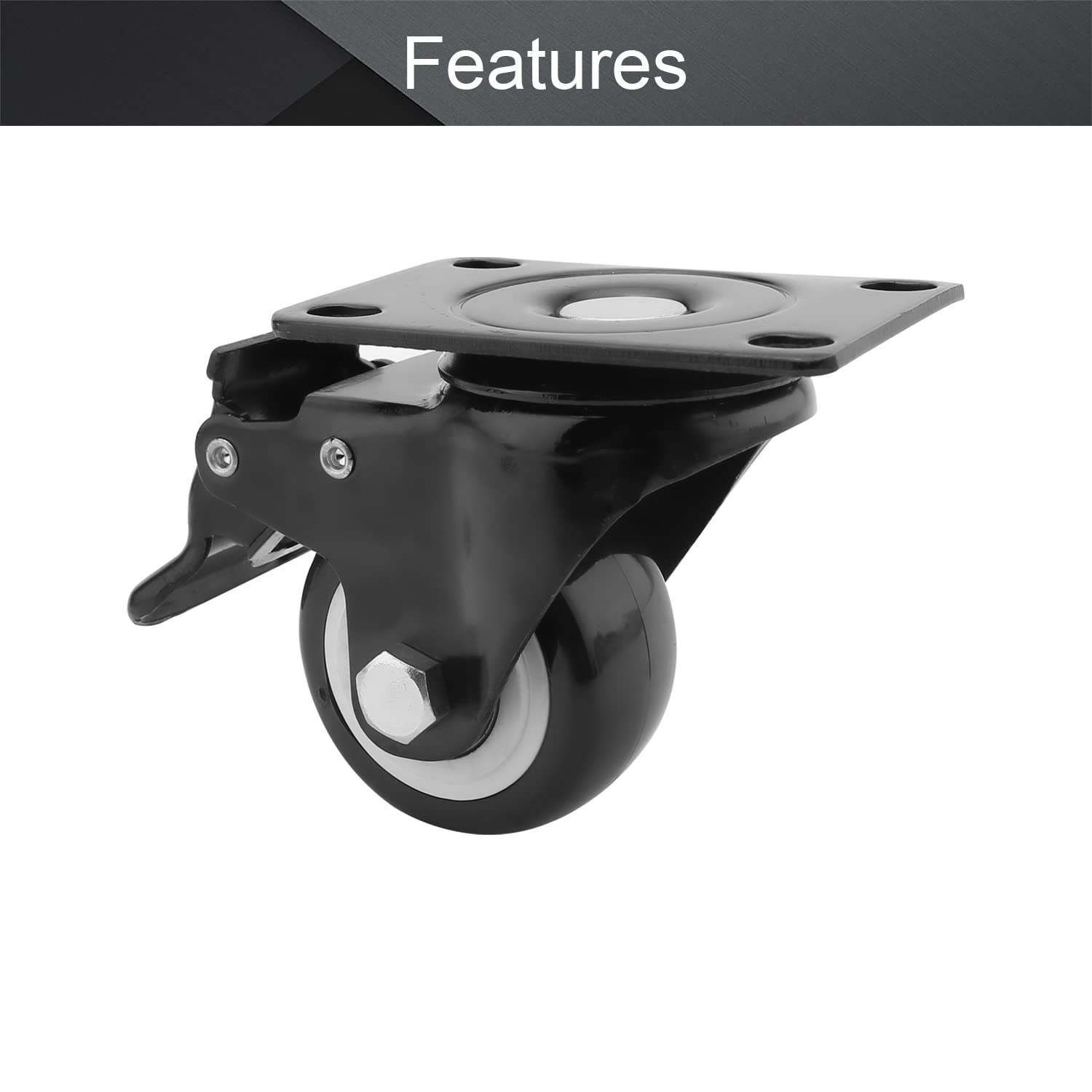MroMax 2.5 Inch Swivel Caster Wheels, No Noise Polyurethane(PU) Plate Casters with Brake, Double Ball Bearing Black Swivel Plate Casters for Workbench and Furniture (Pack of 1)