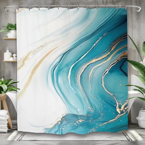 Yookeb Teal Marble Elegant Bathroom Shower Curtain 60W by 71H Inch Turquoise Ripples Blue Gold Ocean Modern Luxury Abstract Swirls Polyester Fabric 12 Plastic Hooks Waterproof Decor