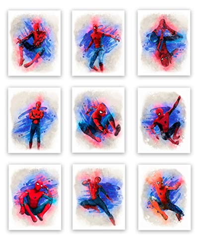 Impresiones artísticas de acuarela de superhéroes de Spiderman (sin marco) | Gran juego de regalo de 9 (8 x 10) | Perfecto para decoración de habitación de niños