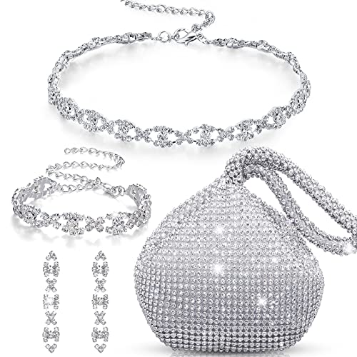 MTLEE 4 Pieces Rhinestone Necklace Choker Bracelet Earring Clutch Purses Jewelry Set Women Crystal Triangle Bling Diamond Purse Rhinestone Bag for Wedding Party
