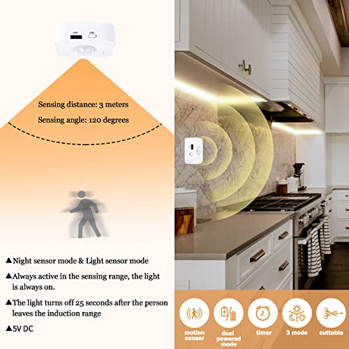 Image of Motion Sensor LED Light Strip with Dual Power Supply and Auto Shut-Off Timer, Night Light, 9.84ft Motion Activated Waterproof LED Strip Light for Kitchen, Cabinet, Bedroom, Shelf, Bed Warm White 2700K