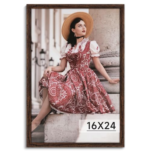 HLiWEGNS Dark Brown 16x24 Frame -Single Frame - Rustic Woodgrain 16 x 24 Poster Frame with Plexiglass for Wall Gallery Display, 16x24 Picture Frame for Puzzles, Artwork, Photos and Posters - Ideal Christmas Day
