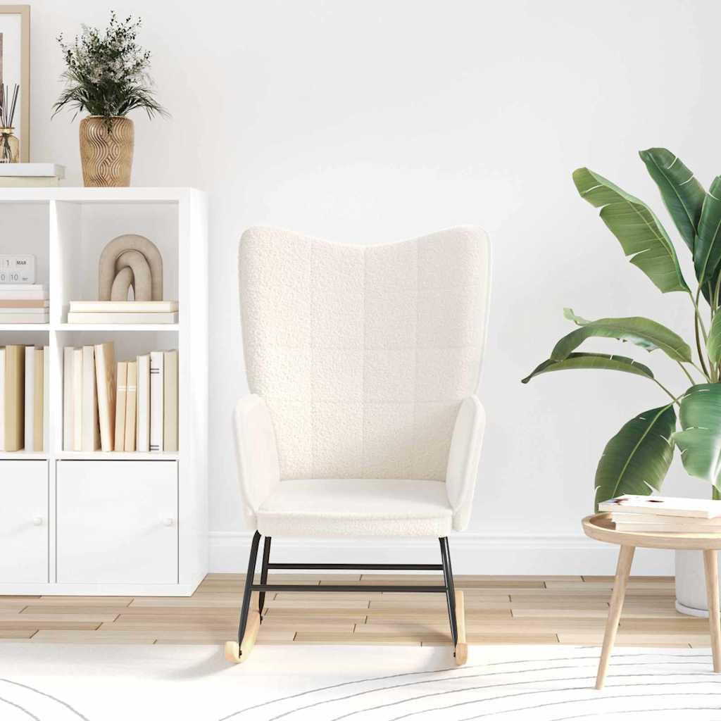 Krzesło bujane w kolorze kremowym z tkaniny Sherpa, tapicerowany fotel z podłokietnikami i oparciem, stelaż z metalu i sklejki, 61 x 78 x 93,5 cm, do salonu, sypialni, biura