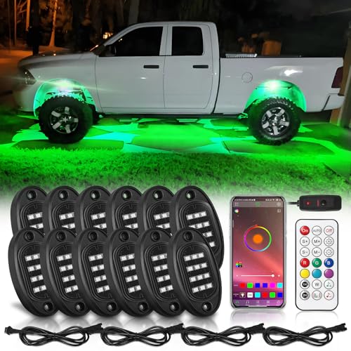 12Pods RGB LED Rock Lights Kit for Trucks Pickup Jeep Golf Cart ATV UTV RZR Offroad with APP/RF Remote Control, Chasing Dream Color Underglow Light Multicolor Neon Underbody 12V Waterproof Music Mode