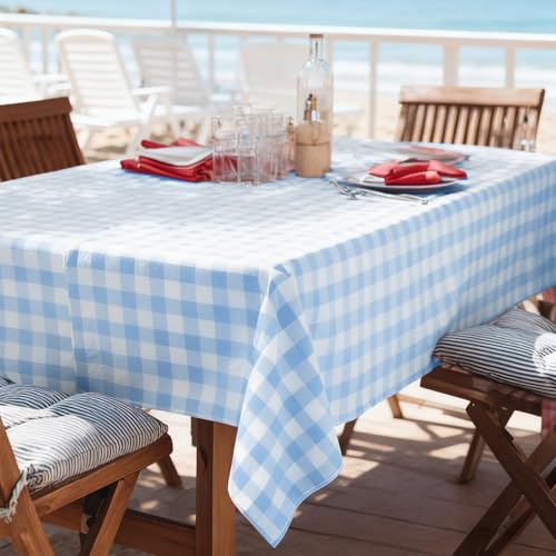 Image of Oigco Light Blue Gingham Tablecloth - 54 x 108 Inches, Rectangle Disposable Light Blue Checkered Tablecloth, Picnic Table Covers for Dining /Camping /Picnic /Outdoor