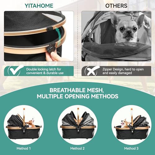 YITAHOME Hundewagen 3 in 1 Hundebuggy Bis 22kg, Transporttasche Klappbar Faltbar für Hunde, Haustiere Buggy, katzenwagen, Große Größe Hund Kinderwagen mit Netzfenstern Getränkehalter (Schwarz)