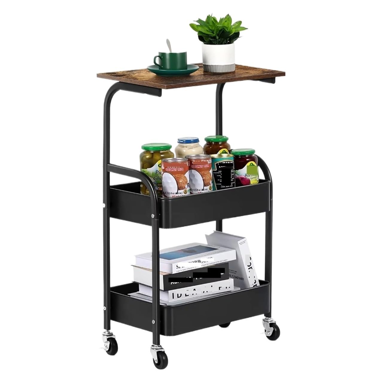 FZL02068LM Serving Trolleys 3-Tier Kitchen Rolling Cart, 16.54" Storage with Wheels,Wooden Tabletop Organization