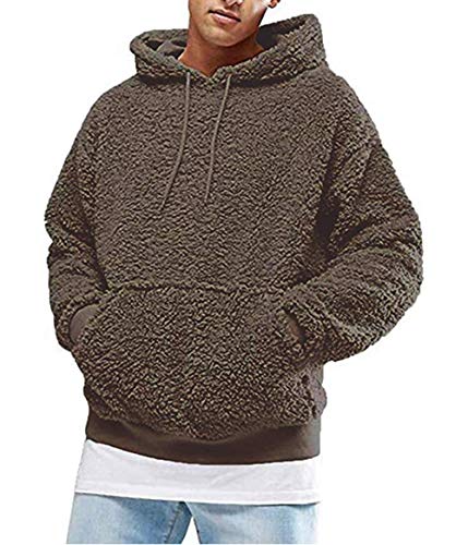 Mens Hoodie Sherpa Fleece Sweatshirts Fuzzy Long Sleeve Outwear Hooded Khaki