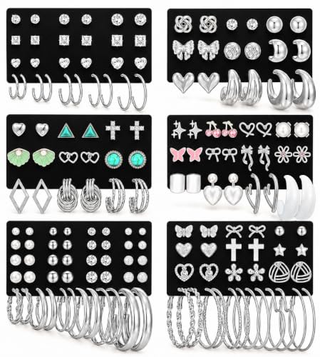 81 Pairs Gold Stud Earrings Set for Women Multipack, Trendy Pearl Cubic Zirconia Butterfly Heart Stud Hoops Earrings Packs, Gold Hoops Earrings for Jewelry Gifts