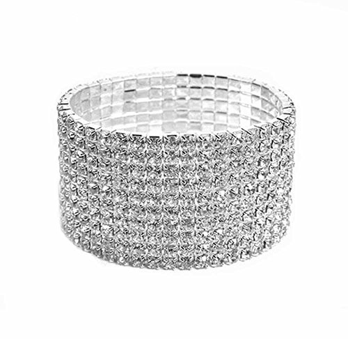 Janefashions Vegas Ten Row Clear White Austrian Rhinestone Crystal Tennis Stretch Bangle Bracelet Cuff Gift Boxed Party Bridal Evening Wear 10 Row Silver B820 #TOP4