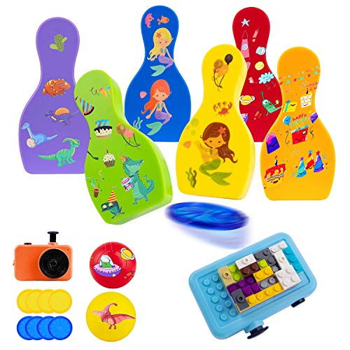 ROYPOUTA Kids Bowling Set Indoor Games or Outdoor Games for Kids, Includes 6 Pins and 2 Balls (camerapop-updevice,shrapnels,Stickers,Building Blocks, Birthday Party Gifts for Age 3 + Boys ,Girls.