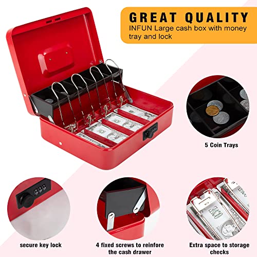 Sgorlds Large Locking Cash Box with Combination Lock and Money Tray, Money Box with Cash Tray, Lock Safe Box with code 11.8\" x 9.5\" x 3.5\", Red - Thumbnail 3