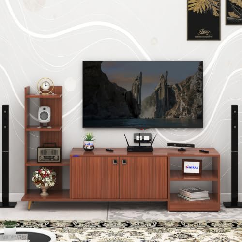 Image of Anikaa Moracca Engineered Wood Floor Standing Modern TV Unit with Side Shelves and 2-Door Cabinet & Open Storage Box Up to 43 inch Entertainment Units | for Living Room | Walnut Finish | DIY-Installation