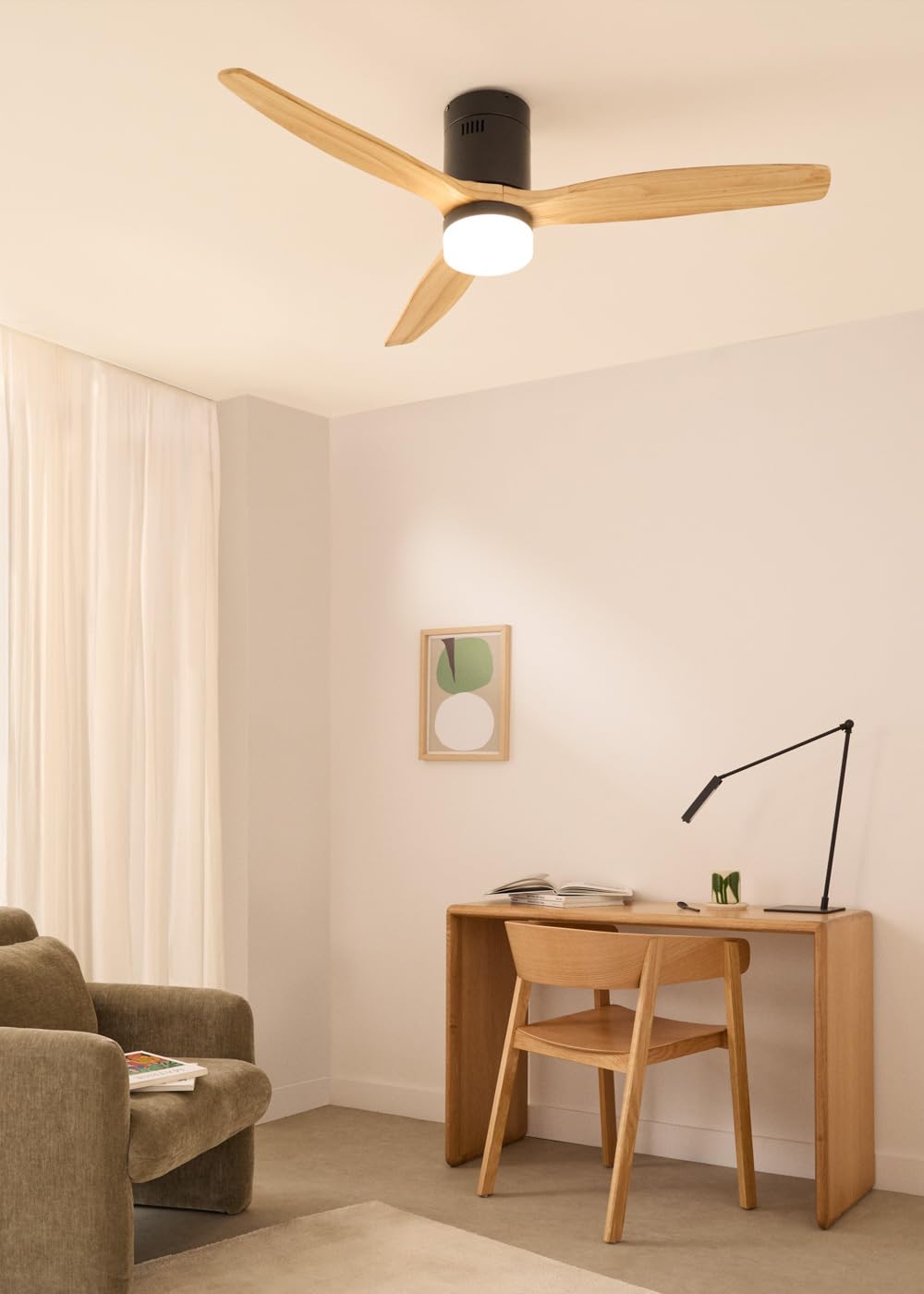 CREATE / WINDCALM NATURAL WOOD M/Ventilador techo con luz negro aspas madera clara y mando / 40W, Temporizador, Ø132 cm, 6 velocidades, 3 temperaturas de luz, función verano-invierno