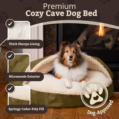 Image of Snoozer Cozy Cave Dog Bed, Round Covered Dog Bed, Olive Micro (XL)