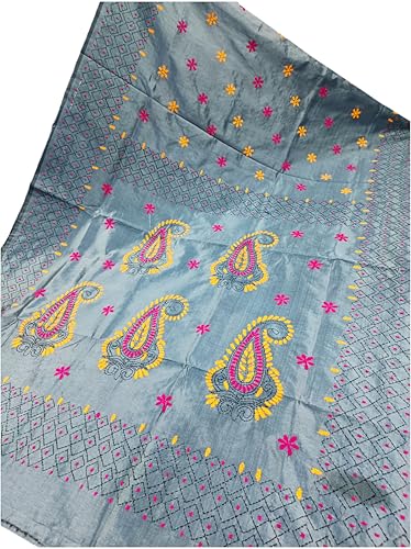Image of SHRISTI CLOTHINGS Women's Hand Embroidered Cotton Silk Kantha Stitch Saree with Blouse Piece (J420924 GREYD48)