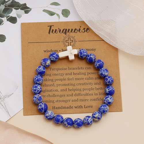 COLOYAN Christian Cross Beaded Bracelet Religious Cross Bracelet 8mm Natural Stone Healing Stretch Bracelets for Women Men 7