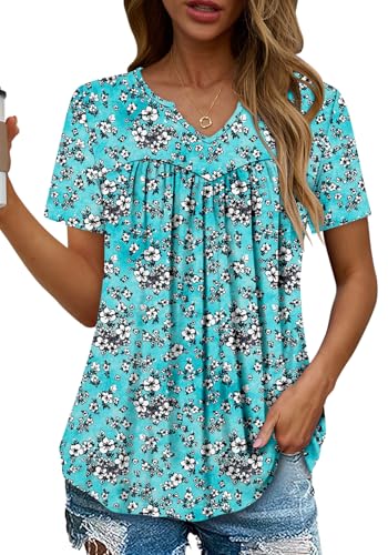 KISSMODA Tops for Womens Summer Cute Short Sleeve Shirts Trendy Notched Neck Blouses Casual Loose Pleated Tunics S-3Xl