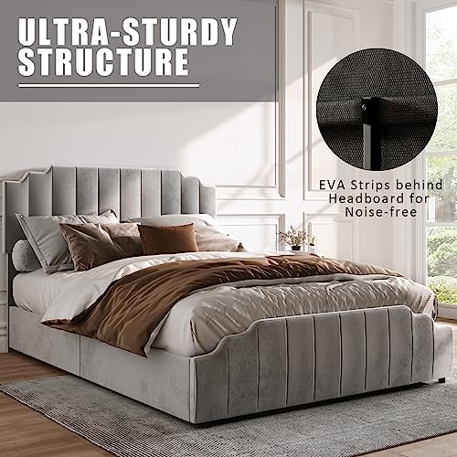 Papajet Queen Size Bed Frame With 4 Drawers And Adjustable Headboard, Upholstered Platform Bed With Mattress Foundation Wooden Slats Support, No Box Spring Needed, Light Grey #TOP3