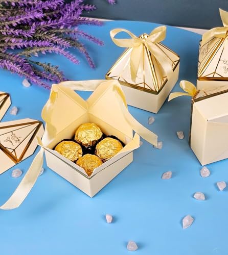 Image of SATYAM KRAFT 80 Pcs Small Diamond Shape Paper Folding Gift Boxes with Ribbon | Premium Return Gift for Wedding, Birthday, Engagement, Baby Shower, Chocolate & Dry Fruit Packaging
